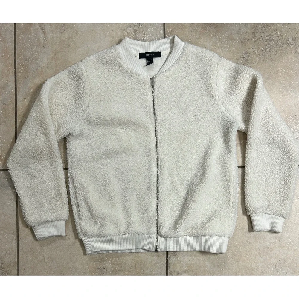 Forever 21 Cream‎ Sherpa Bomber Jacket Full Zip Small S Cozy Warm